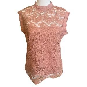 Nanette Lepore Lace Blouse Womens Medium Pink Excellent Sleeveless Mock Neck Zip